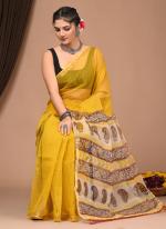 Cotton Yellow  Digital Printed Saree